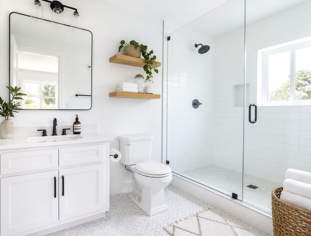 A sparkling clean modern bathroom with a glass shower