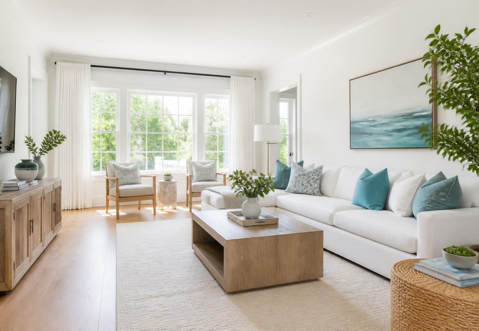 Bright, freshly cleaned living room with sunlight coming through the windows